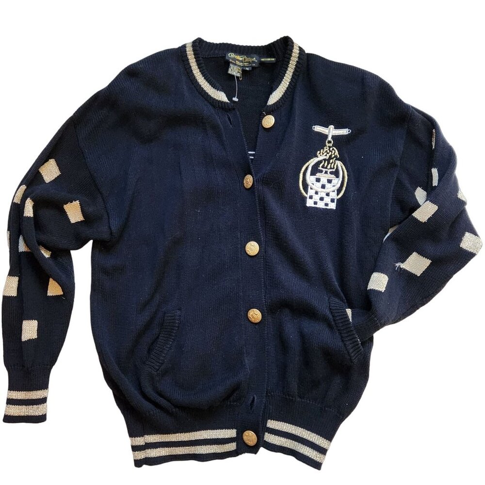 Vintage Novelty Cardigan Sweater Black Gold Silver Equestrian Theme sz Medium